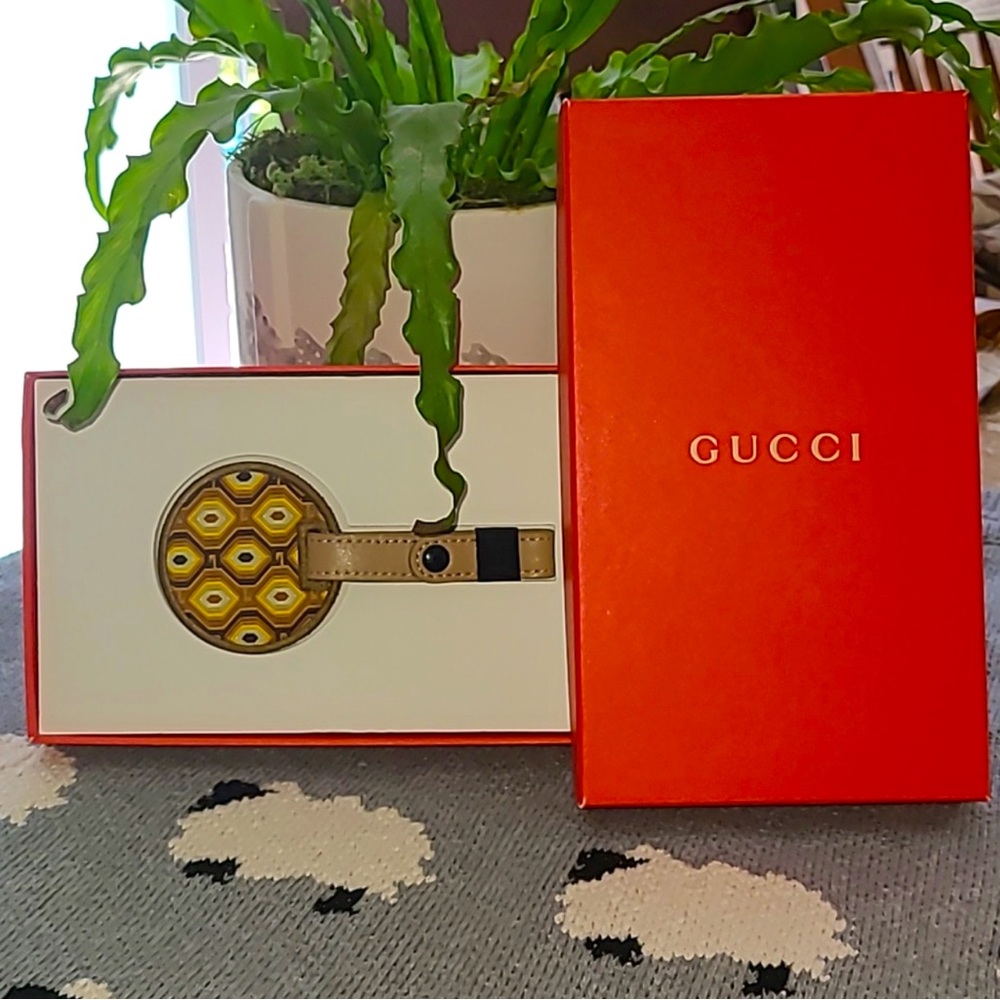 Gucci Red Box with Yellow Patterned Accessory and Tan Strap